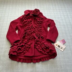 Kate Mack Girls 5 Red‎ Fleece Ruffle Trimmed Rose Coat Kids Holiday Biscotti New